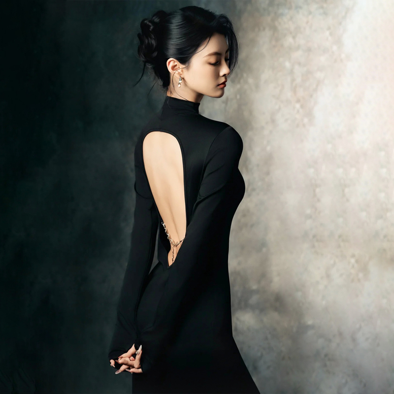 Black High-Neck Backless Dress, Sexy Metal Chain Long-Sleeve Slit Bodycon Dress