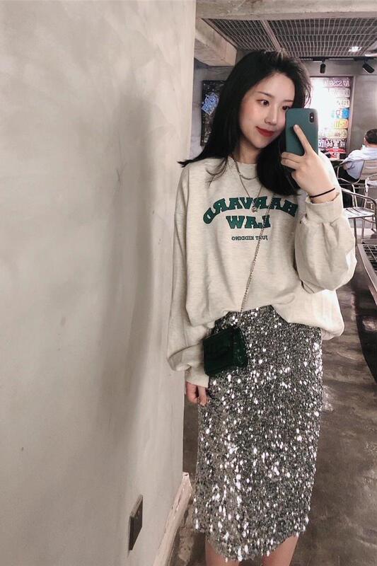 European Station European Goods Spring & Fall Lined High Quality Silver Gray Sequin Slit Disco Party Thick Skirt Mid Skirt