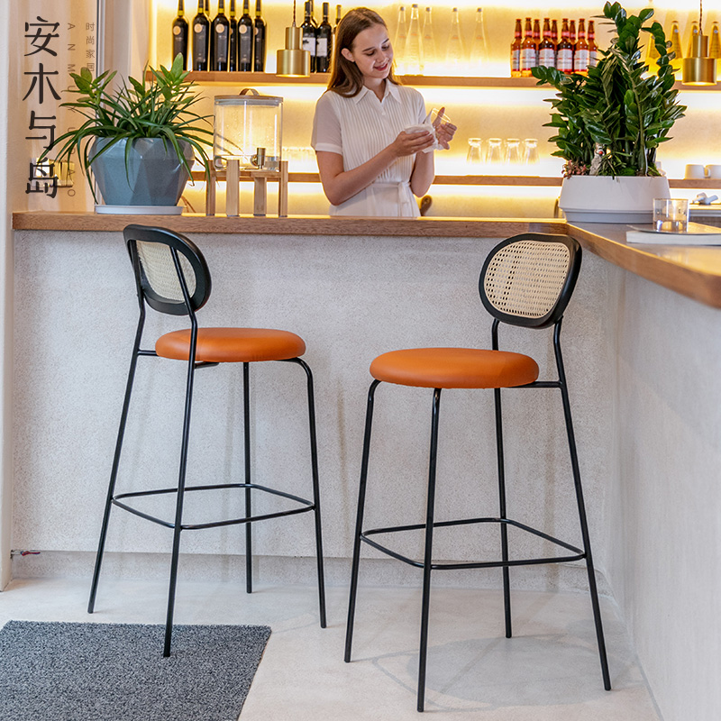 Anmu Nordic wabi-sabi style modern minimalist bar chair home rattan minimalist creative backrest bar high stool