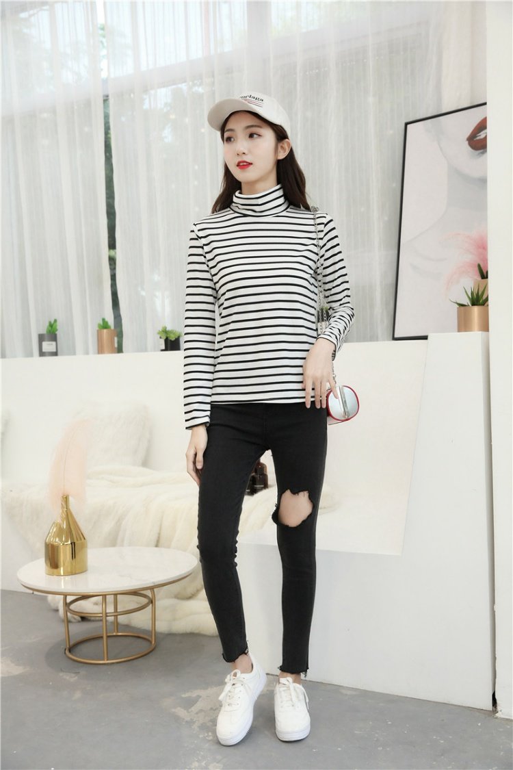 Han Qiudong mới cổ cao sọc đen trắng nữ áo thun dài tay chạm đáy để giữ ấm cho học sinh hoang dã áo sơ mi bf Harajuku áo phông trắng nữ