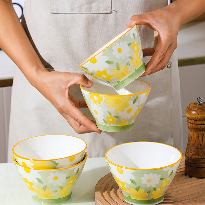 Daisy Bowl and Plate Set 5inch Bamboo Hat Bowl Household Ceramic Tableware Bowl Plate Noodle Bowl Soup Bowl Couple Bowl