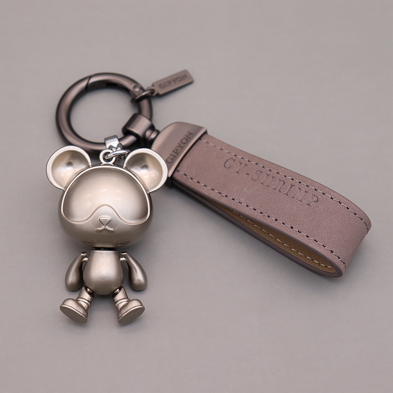 Cartoon Cute Metal Bear Violent Bear Keychain Car Pendant Key Ring Genuine Leather Rope High-End Exquisite Men's