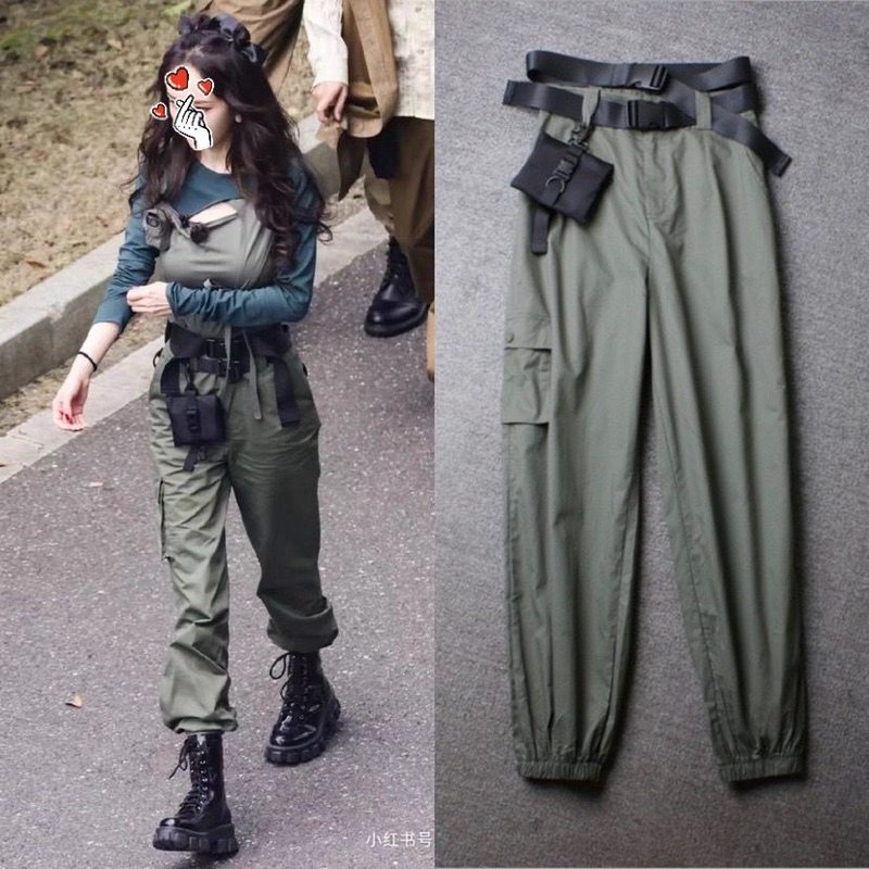 Escape Room Escape Room-Themed Military Green Casual Cargo Pants Set for Women, Spring Design, Unique Tie-Up Top Escape Room Escape Room-Themed Military Green Casual Cargo Pants Set for Women, Spring Design, Unique Tie-Up Top