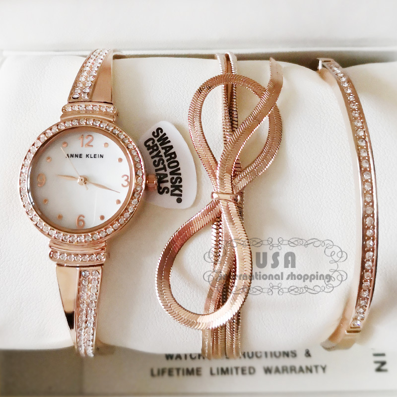 American Anne Klein Swarovski Diamond Mother-Of-Pearl Women's Watch Bow Bracelet Set 3256  in Stock