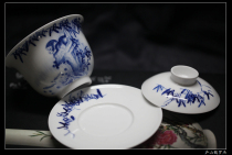 Oversized Gaiwan shopkeeper original customization Jingdezhen Gaogong Xiong Lei Cao Dabing cooperative handmade blue and white monkey fish viewing