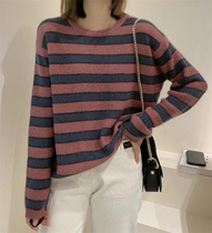 European station 2022 autumn and winter pullover round neck striped color matching cashmere sweater women Korean version loose sweater women