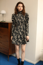 RAYNA-G Reina Ji New Chinese style jacquard autumn winter long style fluffy sleeves dress with waist temperament skirt