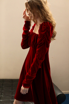 RAYNA-G Reina Ji red velvet splicing lace dress with a generous collar for a lap in winter