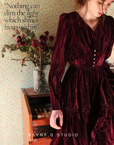 Rayna g Renagi Bordeaux red velvet literary retro pleated dress long sleeve 1811