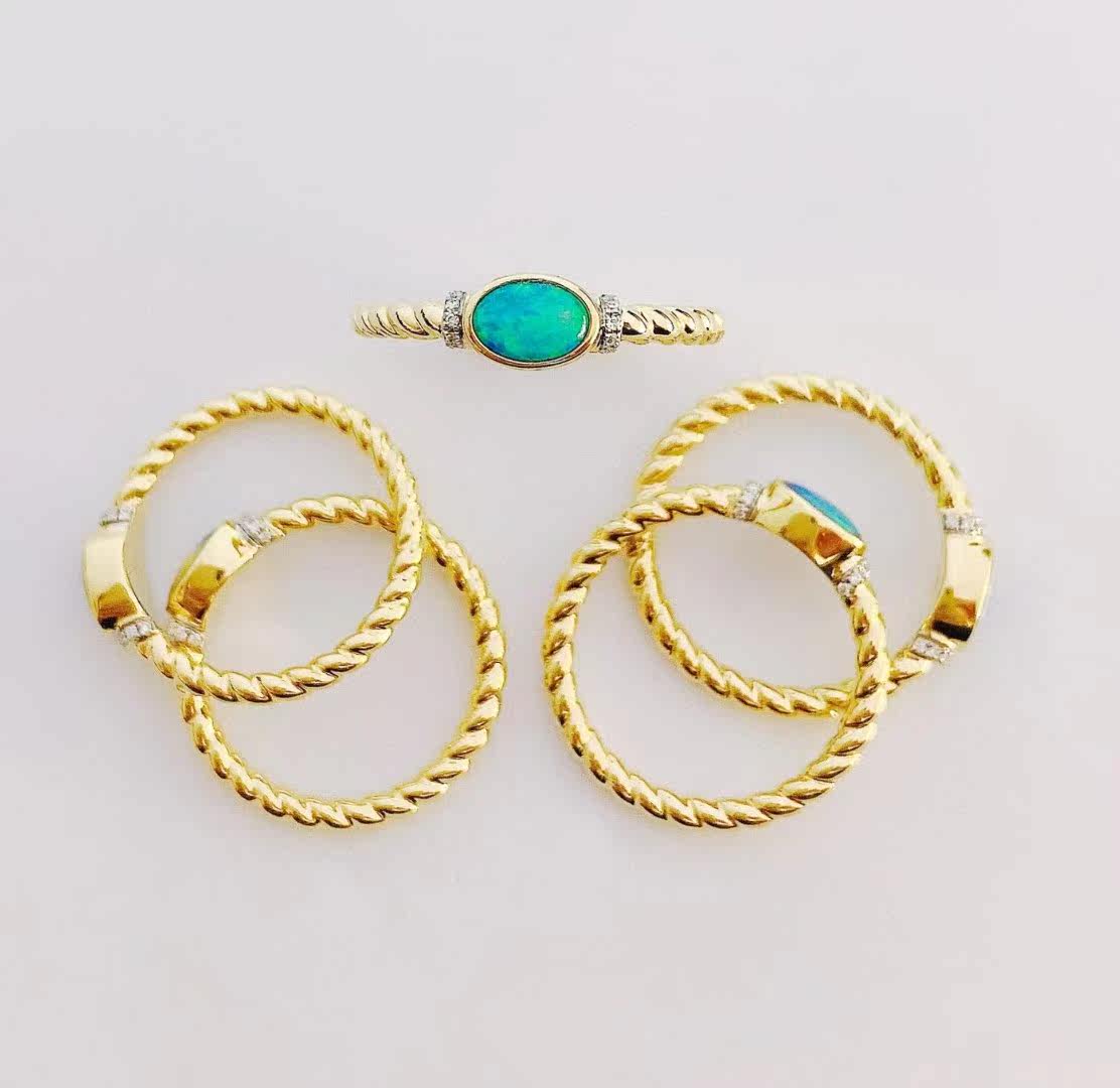 18K Yellow Gold Opal Twist Ring Australian Natural Gemstone Diamond Setting