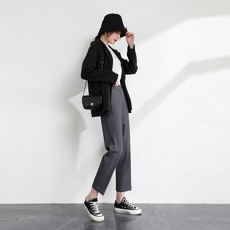 Cigarette pants women's 2022 spring and autumn high waist thin and not easy to wrinkle black nine-point straight pants dark gray trousers trousers
