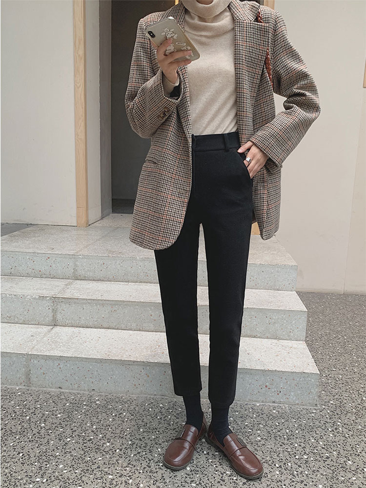 Autumn and winter new Korean version of high-waisted woolen women's nine-point pencil pants slim fit and thin straight black cigarette pipe pants