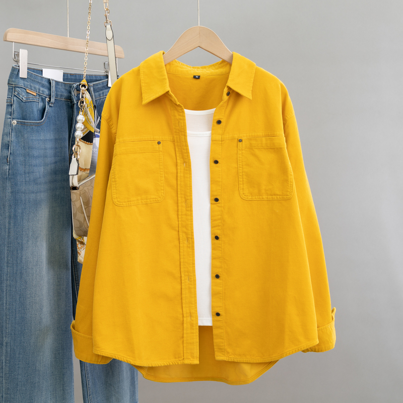 Unique and Stylish Yellow Pure Cotton Corduroy Shirt for Women, Loose Casual Top, Unique and Attractive Shirt