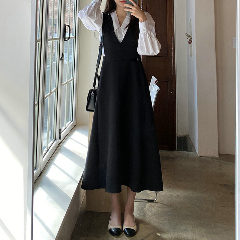 Spring and Summer Black V Neck A-Line Sleeveless Suspender Skirt Work Clothing Korean Style Long Skirt Pullover Knitted Pure Color High Waist Dress for Women