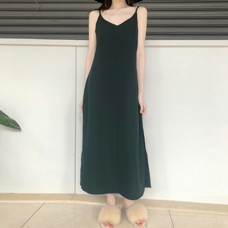 Dark Green V-Neck Spaghetti Strap Dress, Long Strap Dress, Feminine Spring and Summer New Style, Waist-Cinching, Slimming, French Style for Petite Women