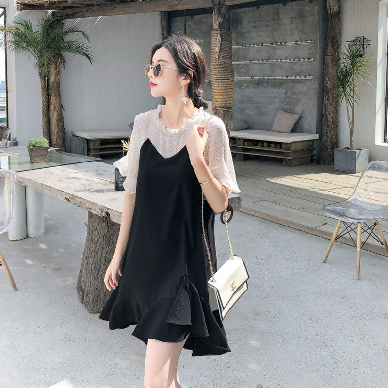 Sandro Vicari chiffon dress women's summer 2021 new fake two-piece temperament stitching slim fishtail skirt
