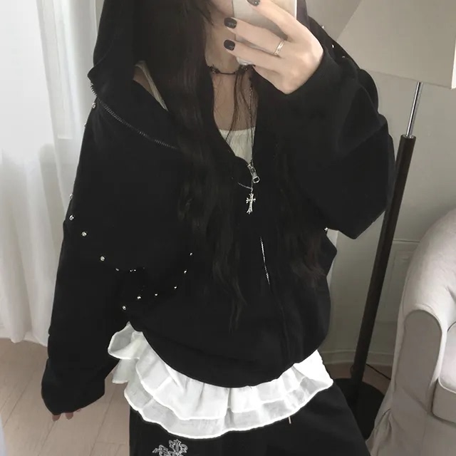 Pre-Order Autumn Design Sense Studded Zipper Hooded Sweatshirt Sweet Cool Spicy Girl Style American Casual Jacket Top