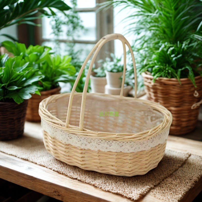 Flower and Fruit Basket, Mid-Autumn Egg Basket, Wicker and Rattan Woven Flower Basket, Oval Hand-Held Picking Basket, Lace Storage Basket