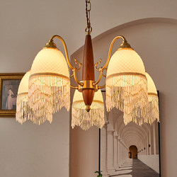 American Retro Living Room Chandelier, Country-Style Walnut Mesh Glass Tassel Lamp, Vintage All-Copper Dining Room Bedroom Chandelier