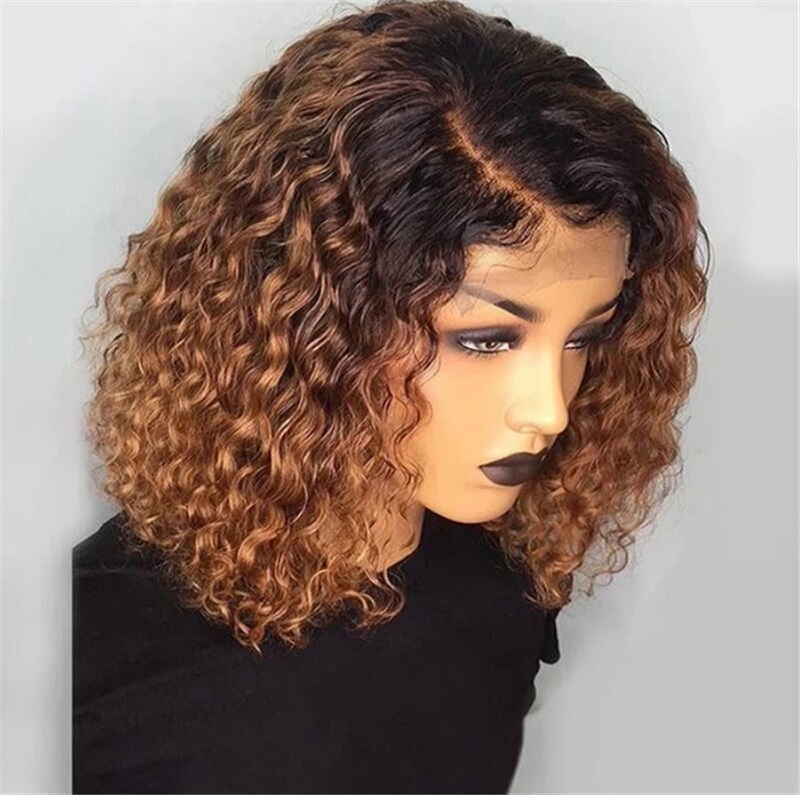 European and American African Style Small Curly Wig for Women, Black Gradient Brown, Middle-Parted Short Curly Hair, Fluffy and Fashionable, Dyed Rose Net Cap