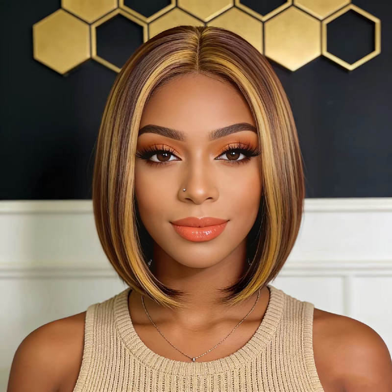 European and American Style Women's Fashion Wig, Piano Color, Two-Tone, Middle-Parted Short Straight Hair, African Short Synthetic Wig