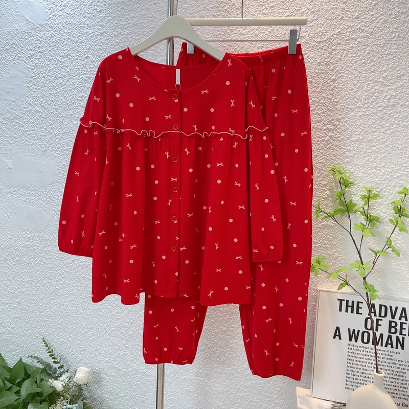Doll-Style Plus-Size Pure Cotton Three-Quarter Sleeve Pajama Set for Women, Spring and Autumn, Button-Down, Loose-Fitting, Red Loungewear