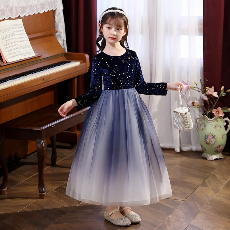 Girl Princess Dress Gown 2022 Blue Performance Piano Long Sleeve Foreign Dress Children Gown Dress Light Extravagant high-end