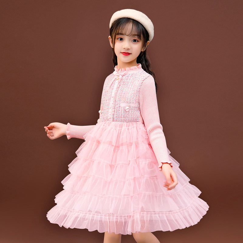 Girl Little Fragrant Wind Princess Dress 2022 New Spring Autumn Sweater Fluffy Cake Skirt Knit Pure Color Birthday Foreign Dress