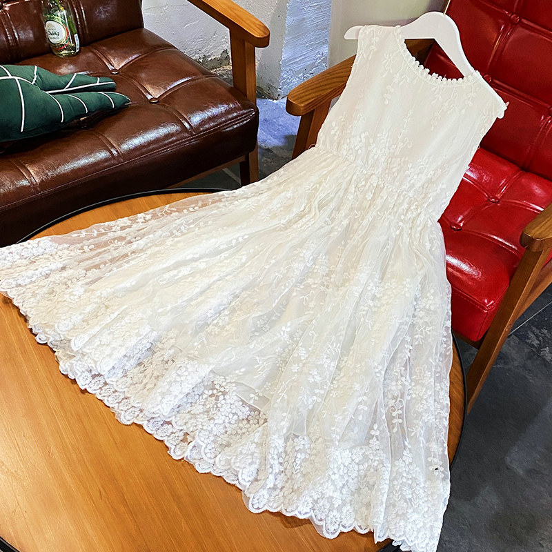 Children's vest Ocean dress Summer 2022 new white slim fit long dress lace dress girl sweet and super fairy princess dress