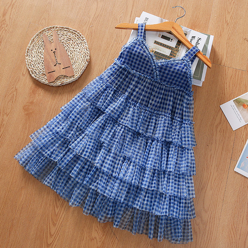 Girl Pendant dresses Skirt Summer Seaside Holiday Dress Plaid Children Cake Skirt Fluffy Dress Girl Foreign Dress Sleeveless