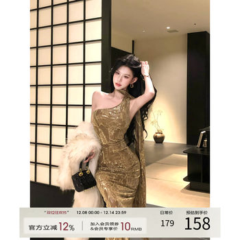 Dust deng deng golden branch french retro oblique shoulder and hip dress d25q3621