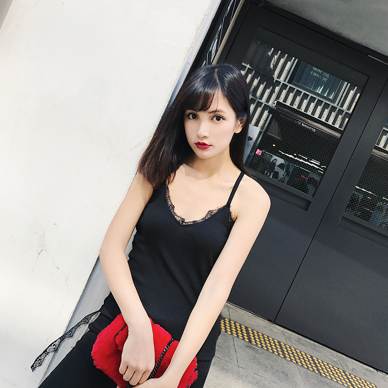 周小熊BEARUN 减龄百搭蕾丝小背心钩花拼接V领吊带打底衫吊带
