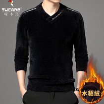 Woodpecker winter Fashion ferret V collar sweater male outside wearing gush thickened thermal underwear blouse for large size