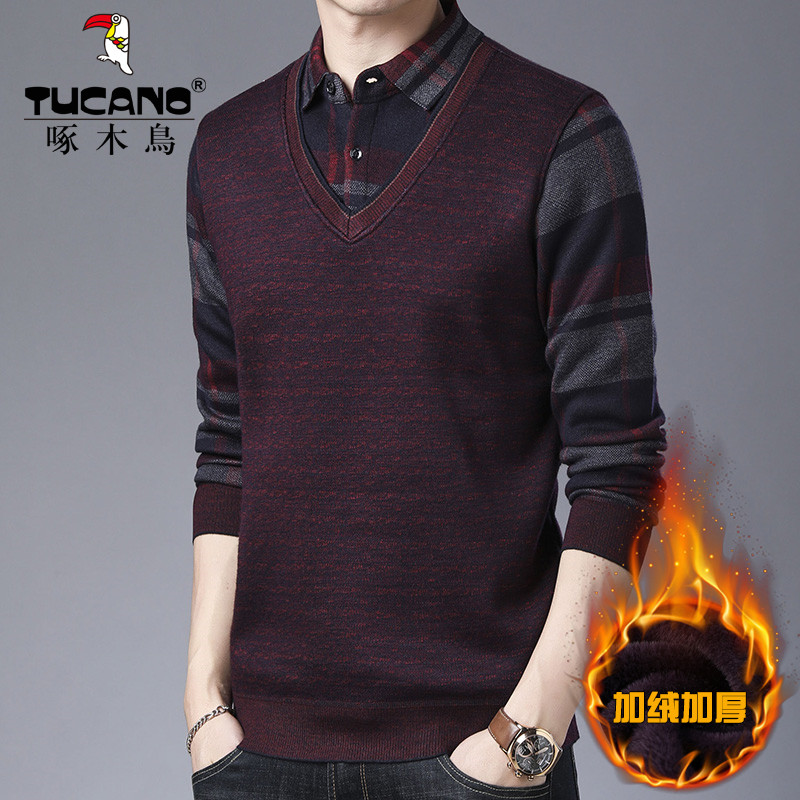 Woodpecker winter middle-aged and young men's large size plus velvet thick thermal underwear can be worn outside the plaid shirt collar top