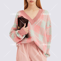 Little cherry Fadai maje 18 autumn and winter pink plaid top V-neck loose pullover thin sweater sweater