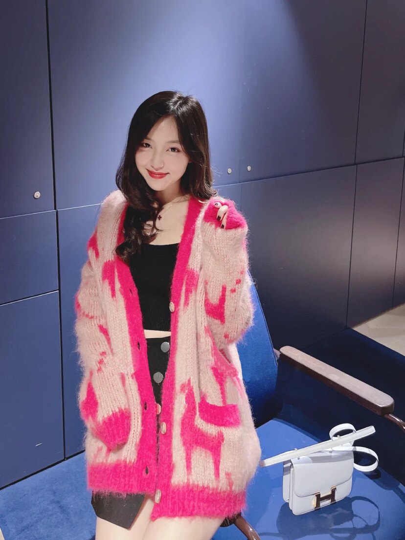 maje 21 autumn winter horse fur jacquard parquet with loose long sleeves knit cardiovert jacket MFPCA00218