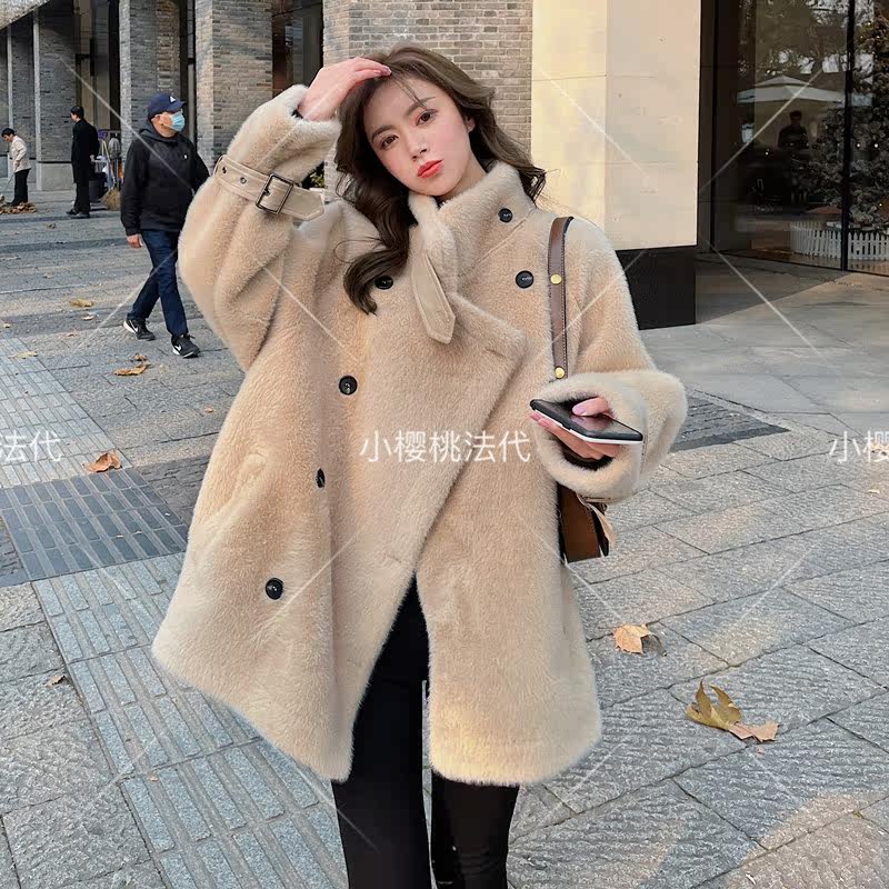 French maje21 winter fur one-piece lamb plush great coat Korean version loose with long version minced jacket