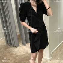 Cherry France SANDRO 20 autumn winter V-neck ruffled short bubble sleeve dress SFPRO01432