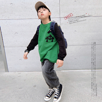 JUSTIN Childrens Spring and Autumn Leisure Relax Street Dance Teen Leather leather Fur Ring Sweater Boy Foreign Air Tide Card Undershirt