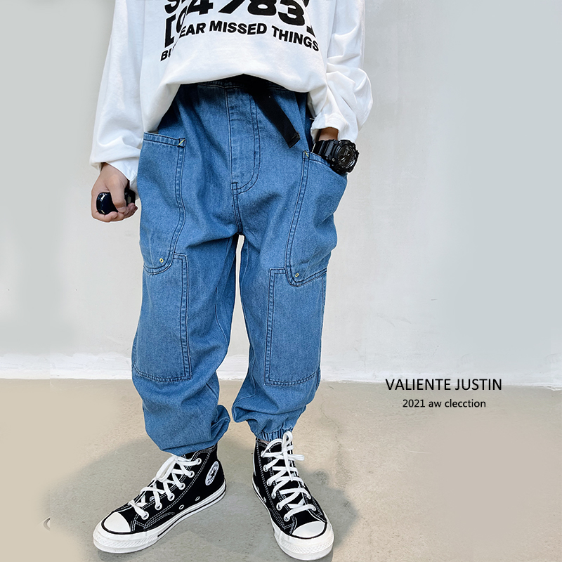JUSTIN children's spring and autumn pure cotton thin section soft early autumn casual denim trousers boys' western style bunched jeans