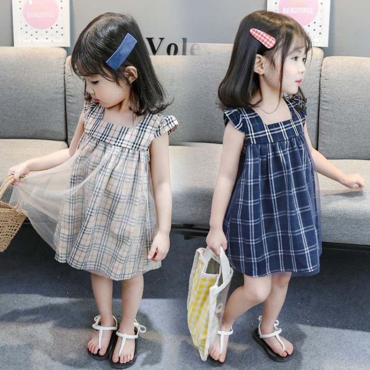 2020 new Korean version of girl's summer clothing princess dresses 1-3-5-year-old female baby lattice summer foreign dress