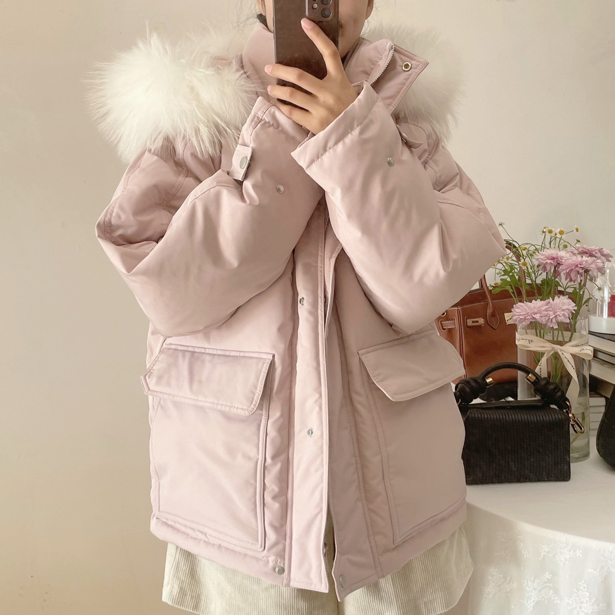 MIUSU anti - season clearance Han edition Qingxin Large Raccoon Han 90 white duck - duvet Morandy Down Cover woman coat