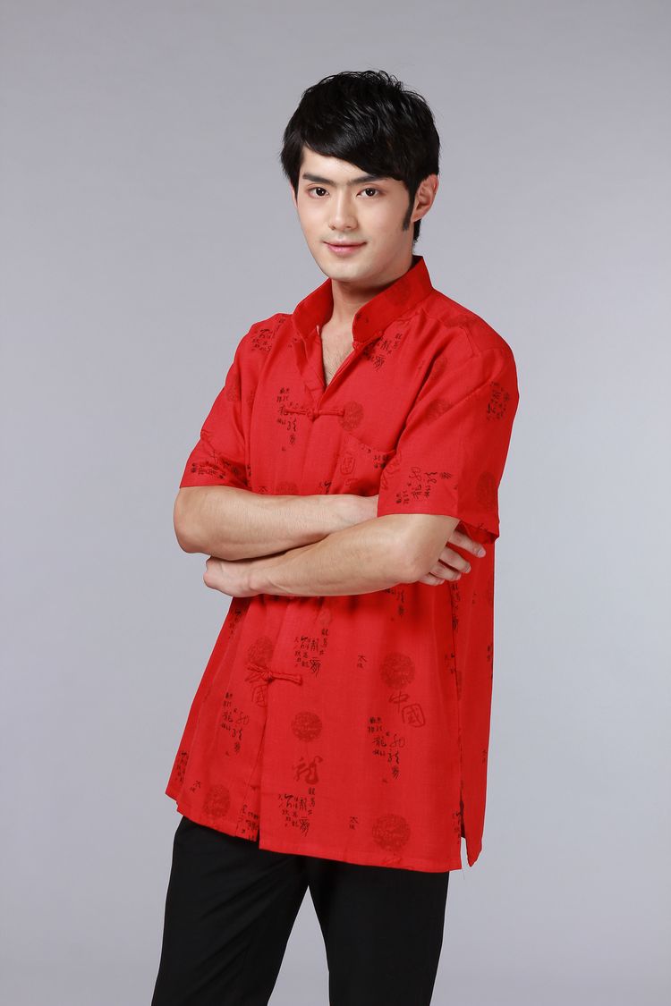 Sườn xám mùa hè 2015 Cải tiến giản dị Tanganh Cotton Trang phục dân tộc nam Quần áo ngắn tay quần thô nam