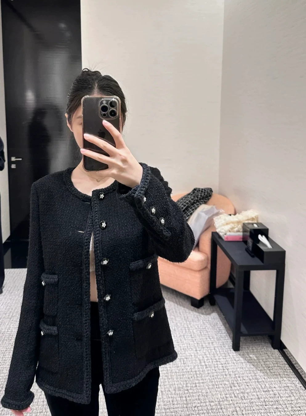 Черная куртка, шерстяное пальто, европейский стиль, стиль Chanel, mid length
