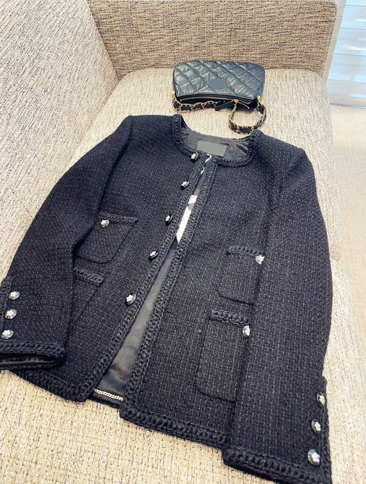 Черная куртка, шерстяное пальто, европейский стиль, стиль Chanel, mid length