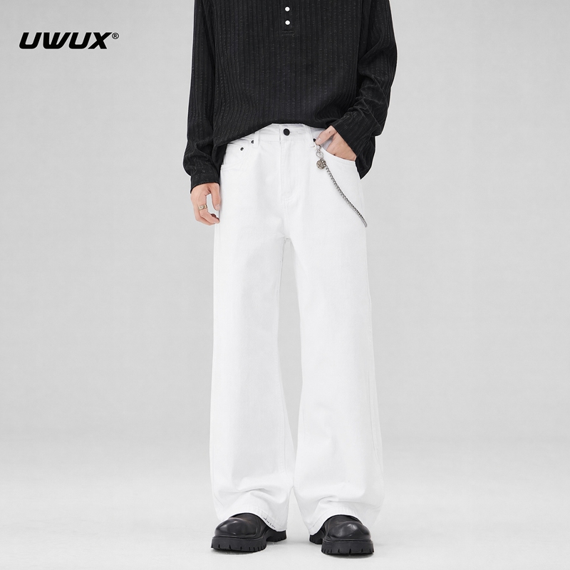 Uwux American-Style White Loose Straight-Leg Pure Cotton Jeans for Men and Women, Autumn and Winter Fleece-Lined Casual A-Line Wide-Leg Pants