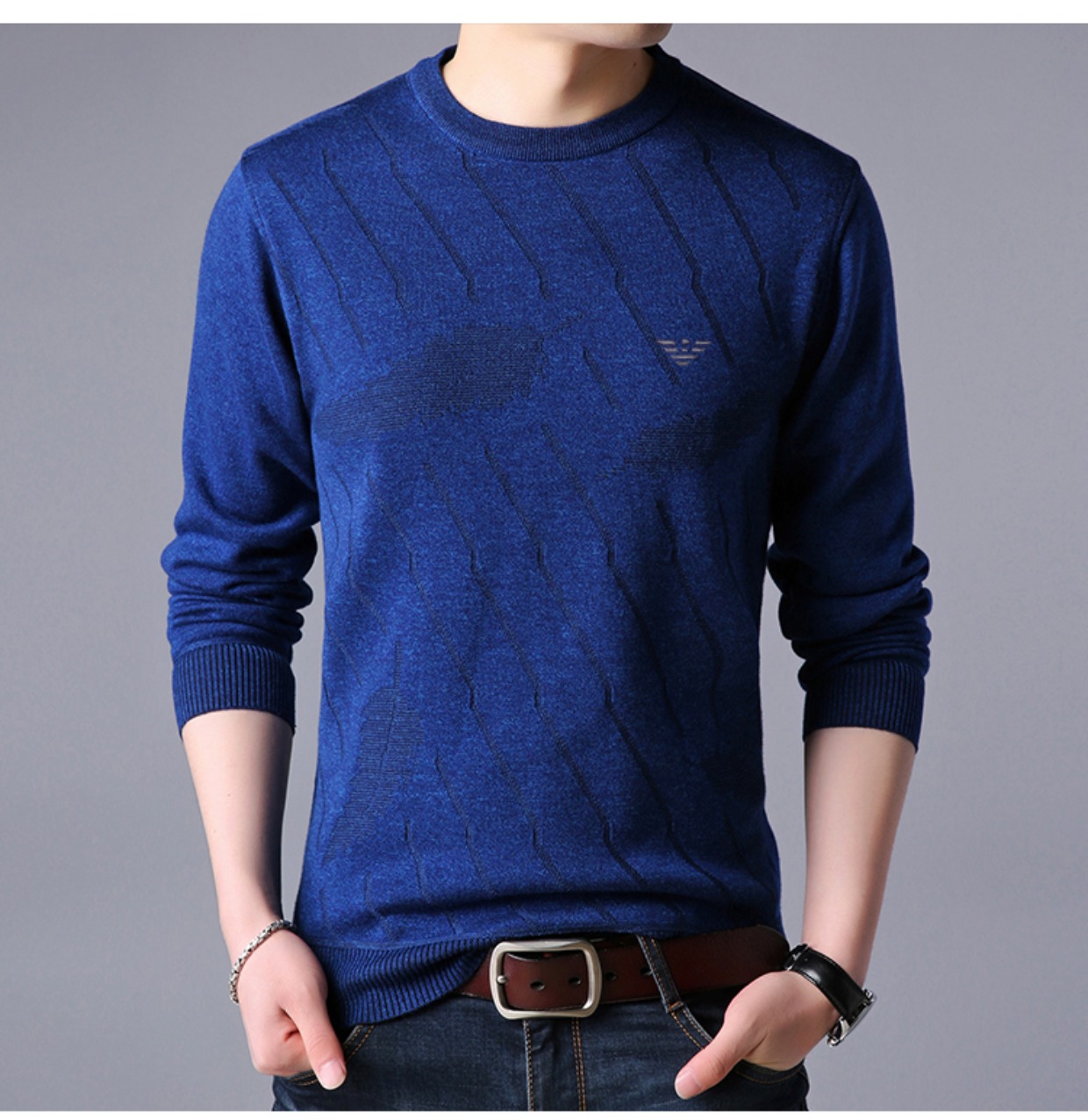 Áo len mùa thu đông 2018 cộng với áo len cổ tròn nhung dày nam size lớn Chiamania cashmere đan đáy quần kaki nam đẹp