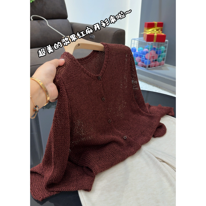 3946【Super Beautiful Berry Red Linen Cardigan】Women's Loose-Fitting, Stylish, Lightweight Air-Conditioning Shirt 3946【Super Beautiful Berry Red Linen Cardigan】Women's Loose-Fitting, Stylish, Lightweight Air-Conditioning Shirt