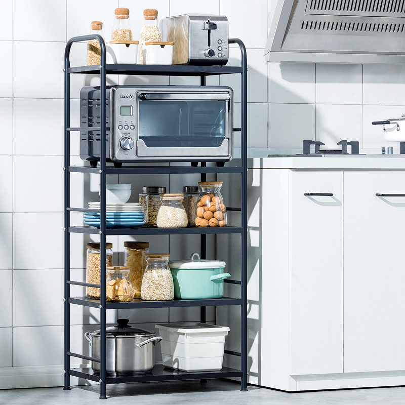 Black household stainless steel kitchen rack floor multi-layer microwave oven rice cooker pot oven storage shelf