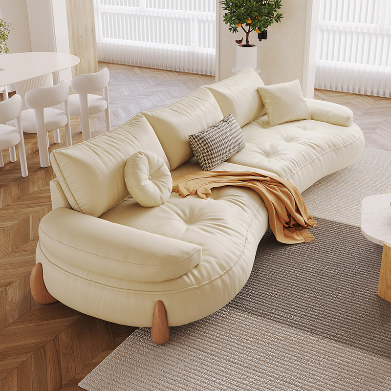 Solid Wood Cream-Style Sofa for Living Room, 2026 New Model, Simple Japanese-Style Straight-Row Small Apartment Cat-Scratch Fabric Curved Sofa